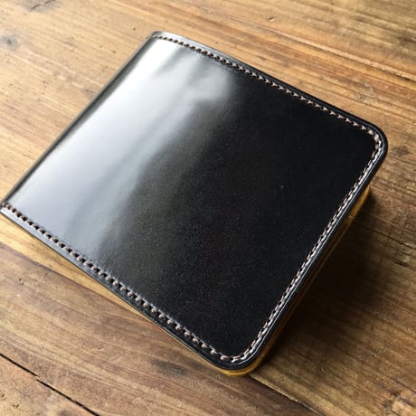 オイルコードバン黒×ルガトショルダーイエロー 二つ折り財布 小銭入れあり