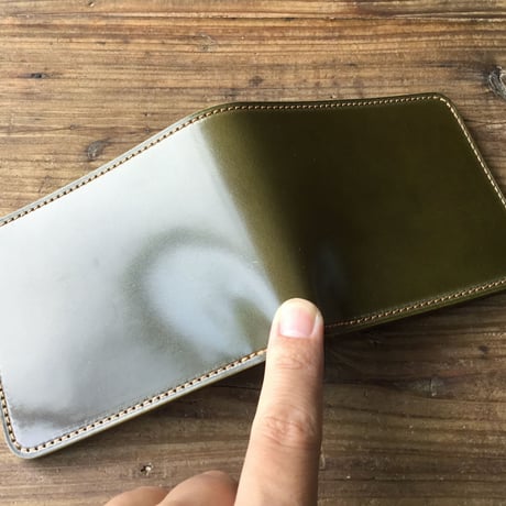 オリーブコードバン×チョコ色牛革 二つ折り財布 小銭入れなし
