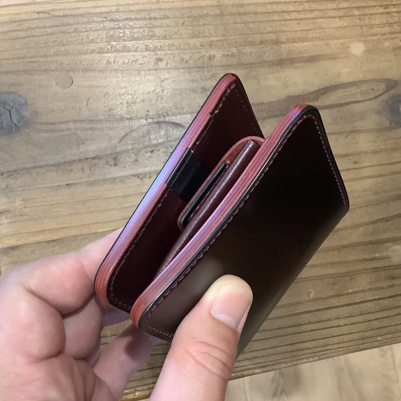 オイルコードバン黒×ルガトショルダーワイン 二つ折り財布 小銭 オイルコードバン黒×ルガトショルダーワイン 二つ折り財布 小銭