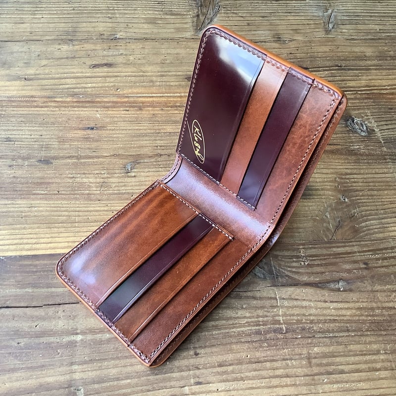 バーガンディ レザー 二つ折り財布（外箱なし） オイルコードバンバーガンディ×ルガトショルダーブラウン 二つ折り財布