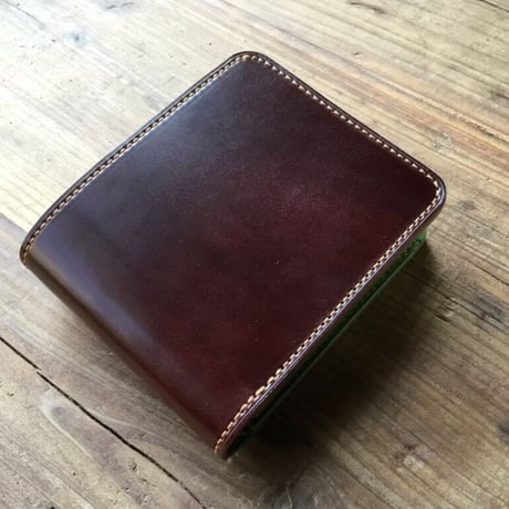 ブラウンオイルコードバン×グリーン牛革 二つ折り財布 小銭入れあり