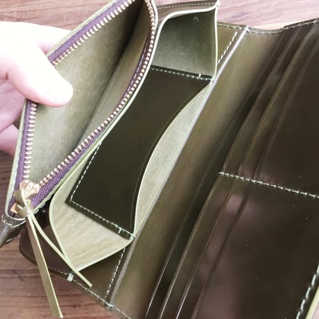 オイルコードバン黒×オリーブコードバン 長財布 小銭入れあり