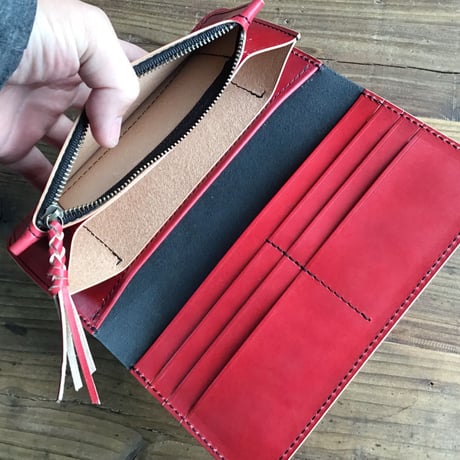 黒革×手染めレッド  長財布 小銭入れあり