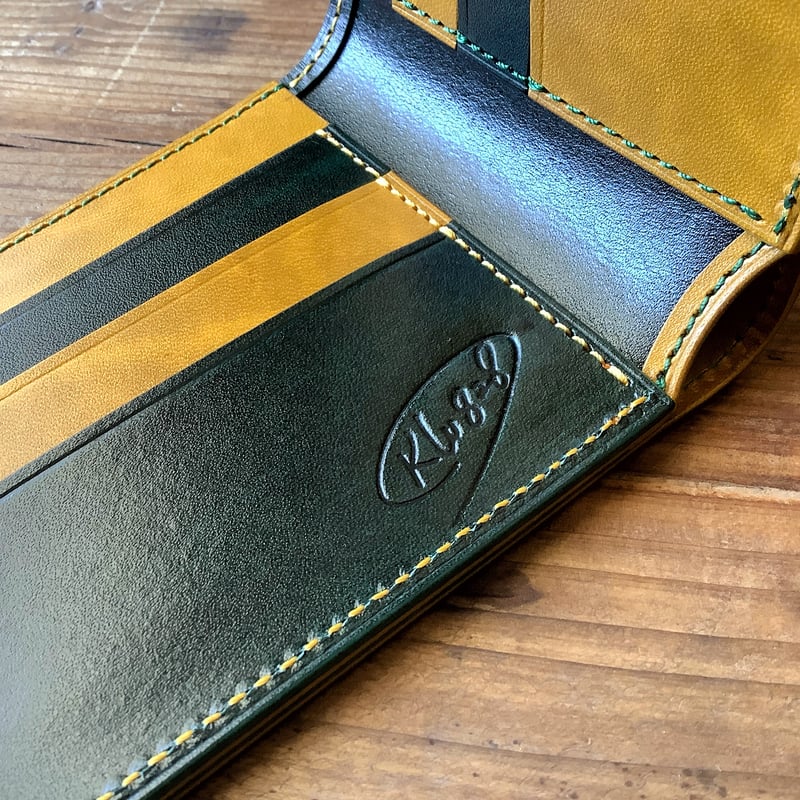 ルガトショルダーグリーン＆イエロー 二つ折り財布 小銭入れなし