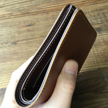 オイルコードバンブラウン×チョコ色牛革 二つ折り財布 小銭入れなし
