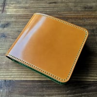 ライトブラウンコードバン×グリーン牛革 二つ折り財布 小銭入れあり