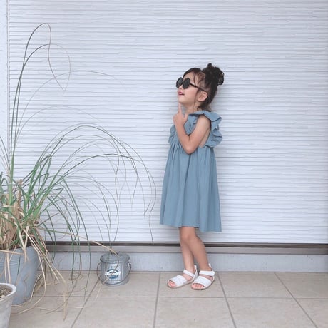 <即納/80㎝/120sizeのみ>くすみブルーワンピース