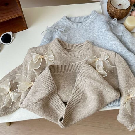 <予約商品/90㎝-140㎝>リボン付き薄手セーター