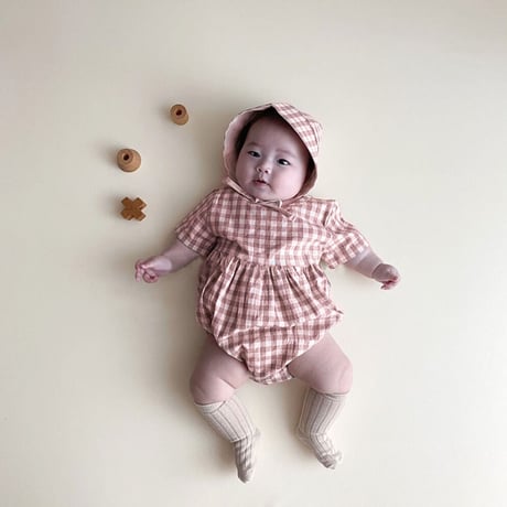 <即納/残り80size１点のみ>PINK ギンガム柄ロンパース×ボンネット