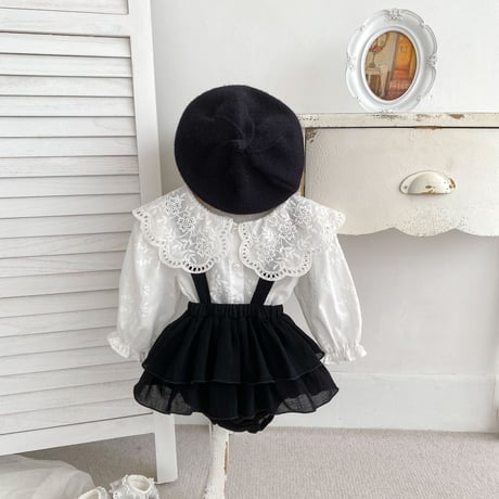 <予約商品/66㎝-100㎝>刺繍シャツ+サスペンダースカート(2点セット)