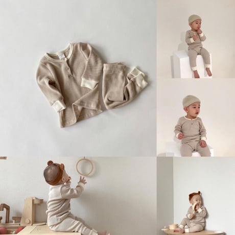 <即納/110sizeのみ>柔らかwaffle長袖セットアップ