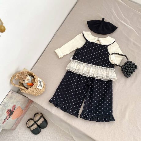 <予約商品/73㎝-120㎝/3点セット>花柄セットアップ+丸襟トップス