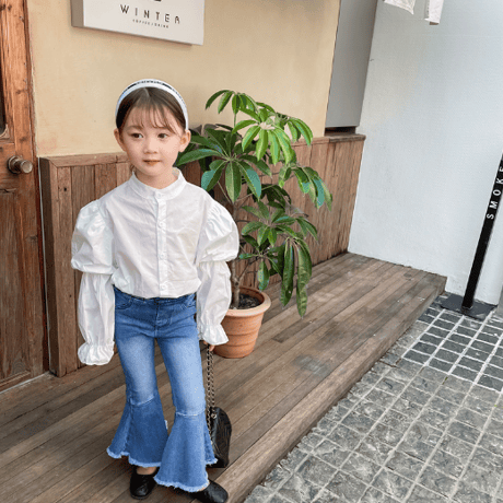 <即納/100size/110sizeのみ>GIRLS袖ボリュームホワイトシャツ