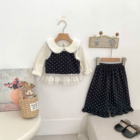 <予約商品/73㎝-120㎝/3点セット>花柄セットアップ+丸襟トップス