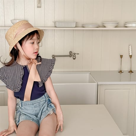 <即納/80sizeのみ>GIRLS 襟ギンガムフリルトップス