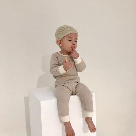 <即納/110sizeのみ>柔らかwaffle長袖セットアップ