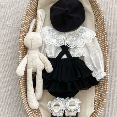 <予約商品/66㎝-100㎝>刺繍シャツ+サスペンダースカート(2点セット)