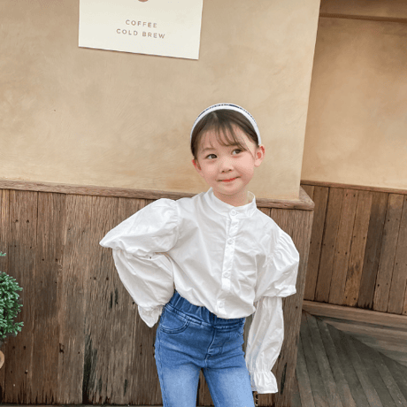 <即納/100size/110sizeのみ>GIRLS袖ボリュームホワイトシャツ