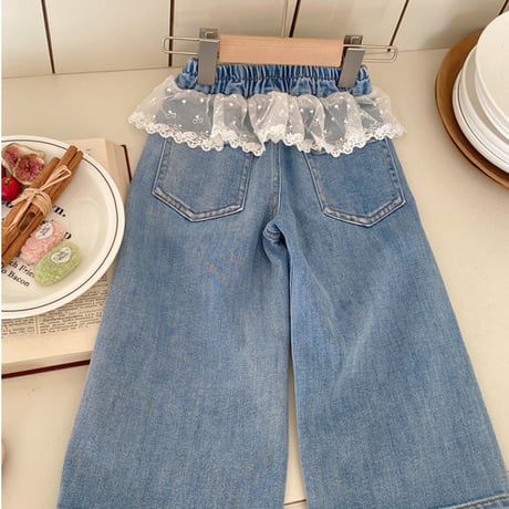 <予約商品>KIDS レース付きデニムパンツ