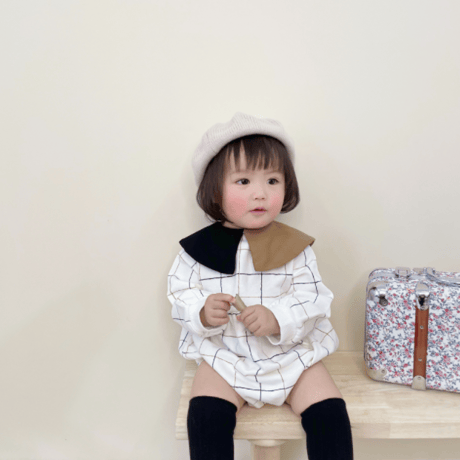 <即納/73size>バイカラーチェックロンパース