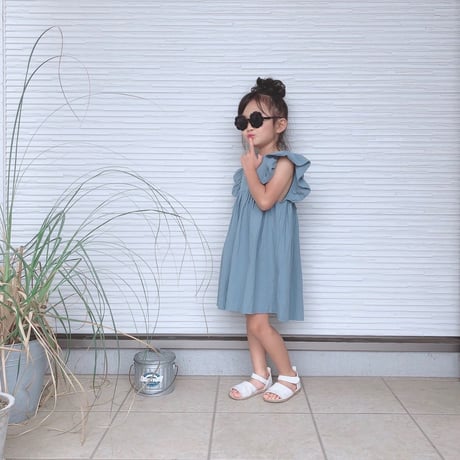 <即納/80㎝/120sizeのみ>くすみブルーワンピース