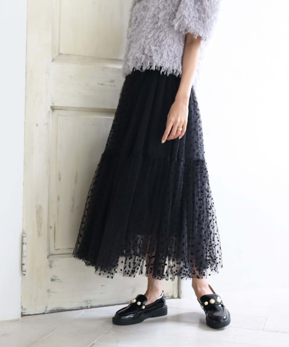 残りわずか〉【再再入荷】dot tiered tulle skirt | Chóu Chóu