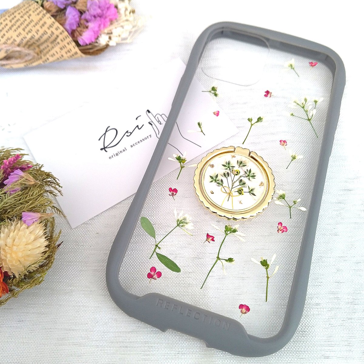 アリッサム 押し花 ドライフラワー スマホリングハンドメイド
