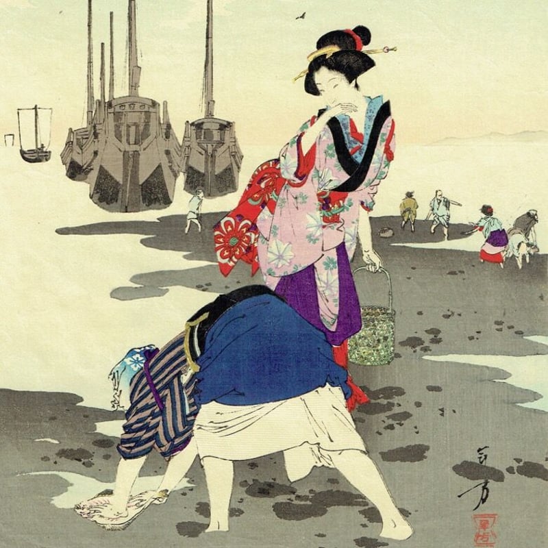 水野年方 「三十六佳撰 汐干 文化頃婦人」明治26年(1893 水野年方 「三十六佳撰 汐干 文化頃婦人」明治26年(1893
