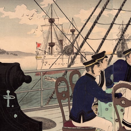 水野年方「海軍将校等征清の戦略討論する図」明治27年（1894）【浮世絵】