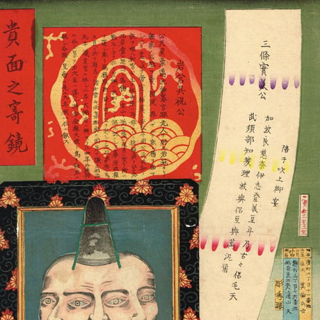 箕輪兵吉「貴面之寄鏡　三條実美 西郷従道 岩倉具視」明治11年【浮世絵】