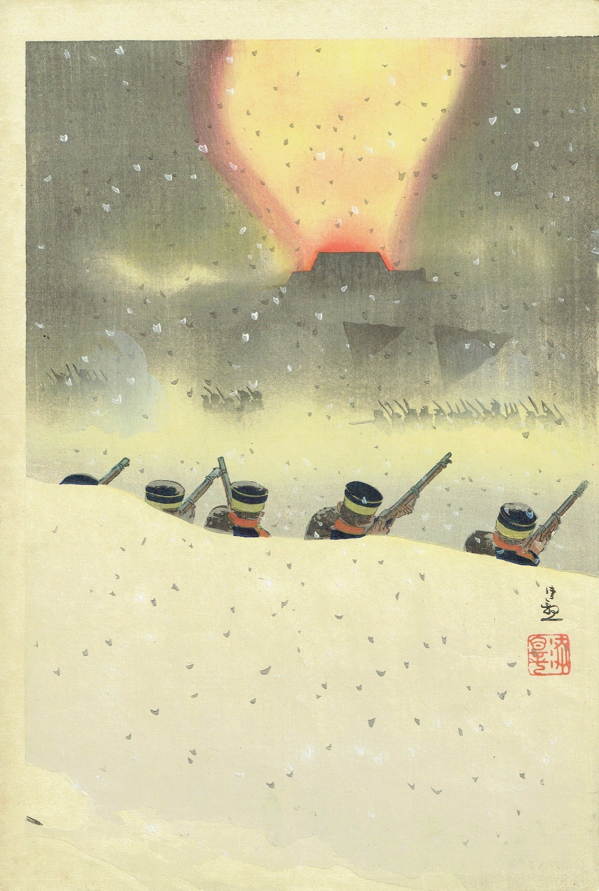 小林清親「百尺崖所攻撃之図」明治28年（1895）【浮世絵