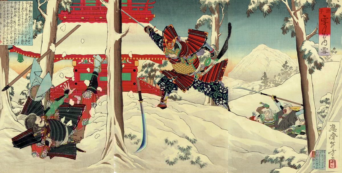 浮世絵、雪月花の内雪(源氏絵）、三枚綴り、初代歌川国輝画 水野年方 「源平雪月花の内 雪」明治18年（1885）【浮世絵