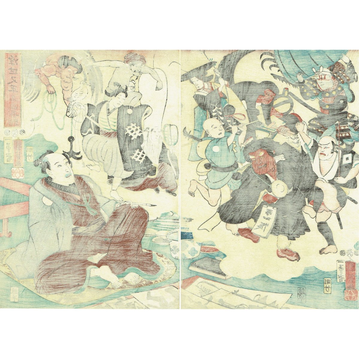 浮世絵版画、役者絵2枚綴り 歌川国芳画、弘化4年～嘉永5年出版 歌川国芳 「浮世又平名画奇特」嘉永6年【浮世絵】 | 浮世絵販売・買取