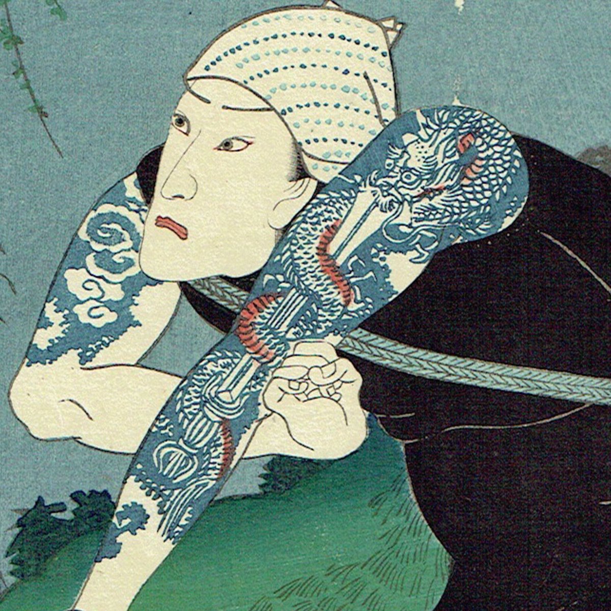 浮世絵版画　藍色木版画　三代豊国　歌阿波勢花の盃　安政6年 3枚続　歌川印有 浮世絵版画 藍色木版画 三代豊国 歌阿波勢花の盃 安政6