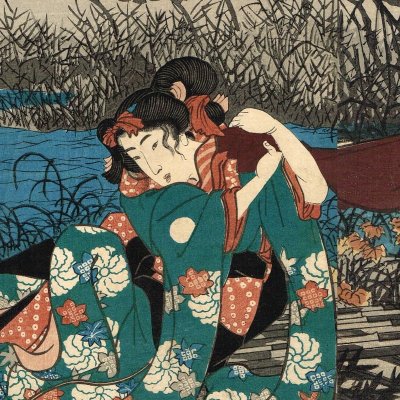 浮世絵、伊勢音頭恋寝刃(役者絵）二枚綴り二枚つながてます。歌川国芳画 歌舞伎 伊勢音頭恋寝刃を描いた浮世絵／ホームメイト