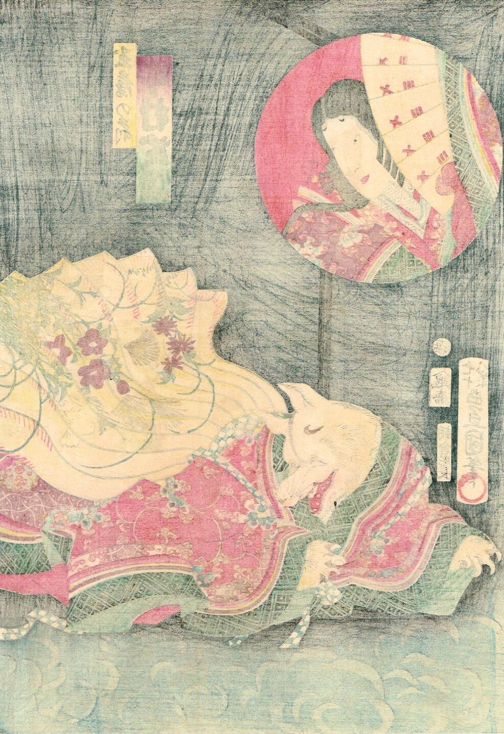 浮世絵、役者絵二枚綴り、時次郎(中村芝翫４代）浦里(中むら田之助三代）豊原国周画 浮世絵、役者絵二枚綴り、時次郎(中村芝翫4代）浦里(中むら