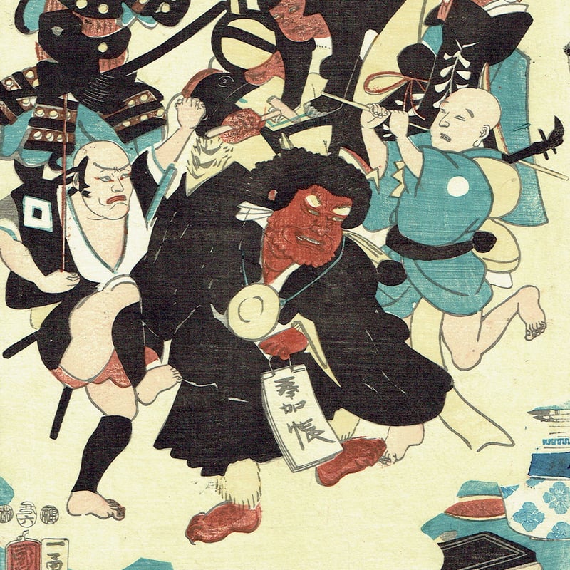 浮世絵版画、太平記合戦之図 三枚綴り歌川国芳画、弘化4年～嘉永5年出版 粟津ヶ原大合戦之図 三枚続揃 【弘化4～嘉永5年頃 歌川芳員 浮世絵