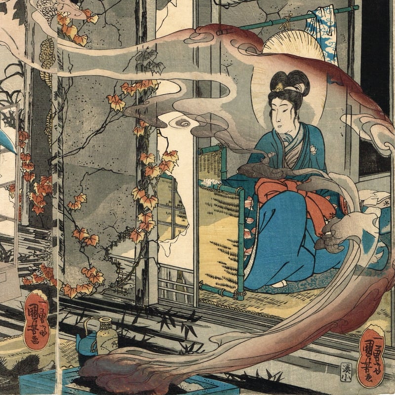 浮世絵、伊勢音頭恋寝刃(役者絵）二枚綴り二枚つながてます。歌川国芳画 歌舞伎 伊勢音頭恋寝刃を描いた浮世絵／ホームメイト