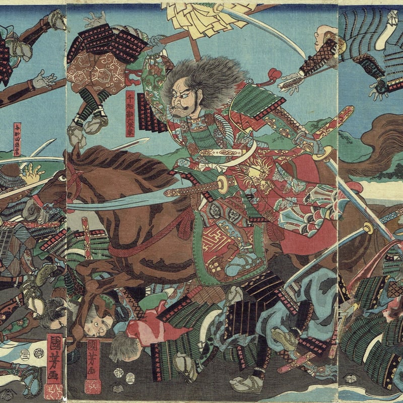 浮世絵、天保山の納涼三枚綴り(役者絵）歌川国芳画 浮世絵、役者絵三枚綴り、繋がってます。(ジャンク品扱状態悪い