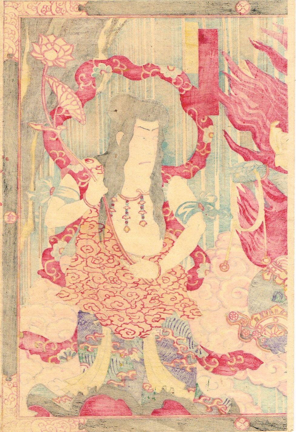 浮世絵、水滸伝役者絵三枚綴り(景陽山岡虎退治）香朝楼画(三代国貞） 国貞三代（香朝楼）「那智滝祈誓文覚」明治22年（1889）【浮世絵