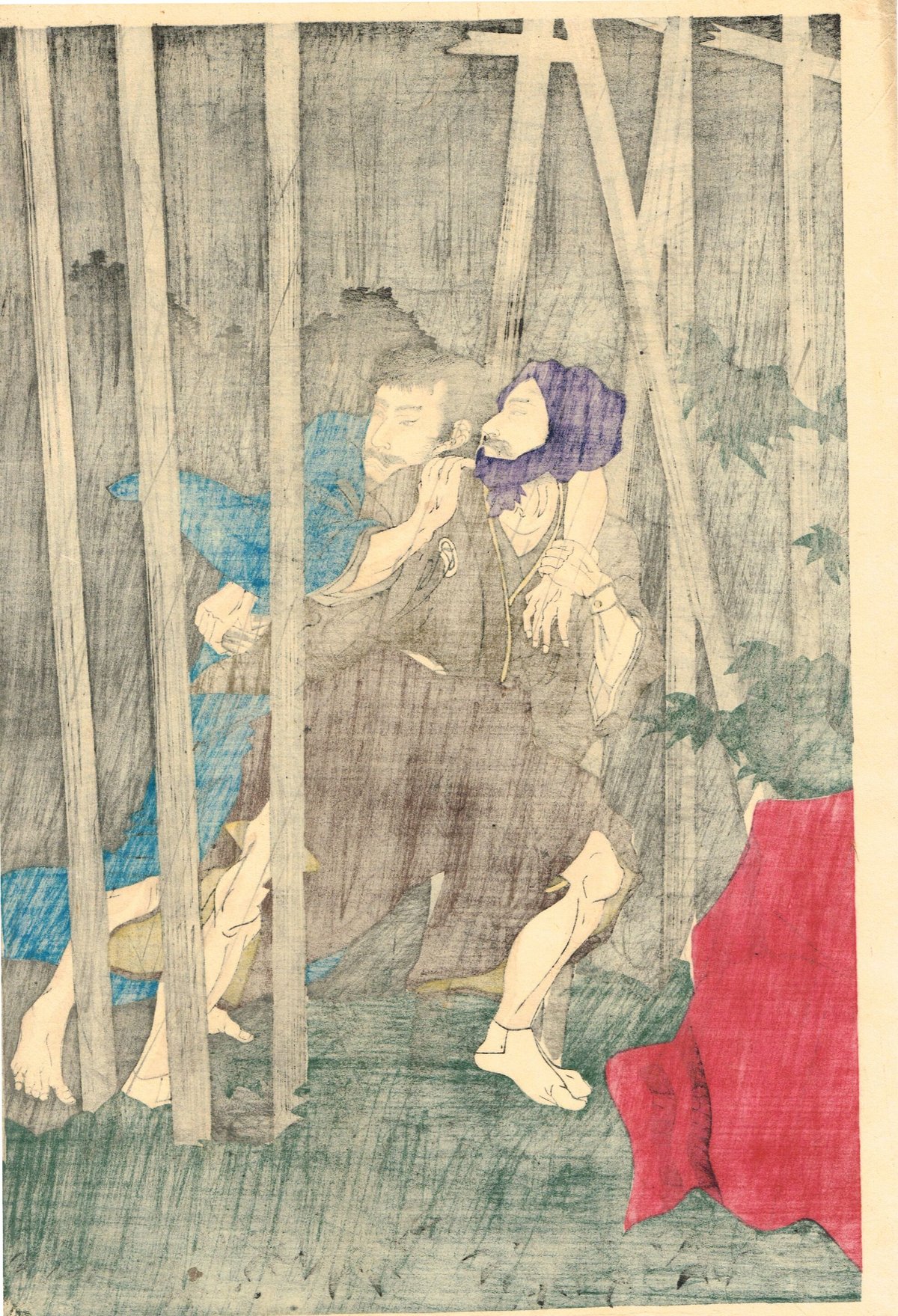 浮世絵版画、疎漏より出来する怪我文部省印あり梯子図文部省印あり二枚
