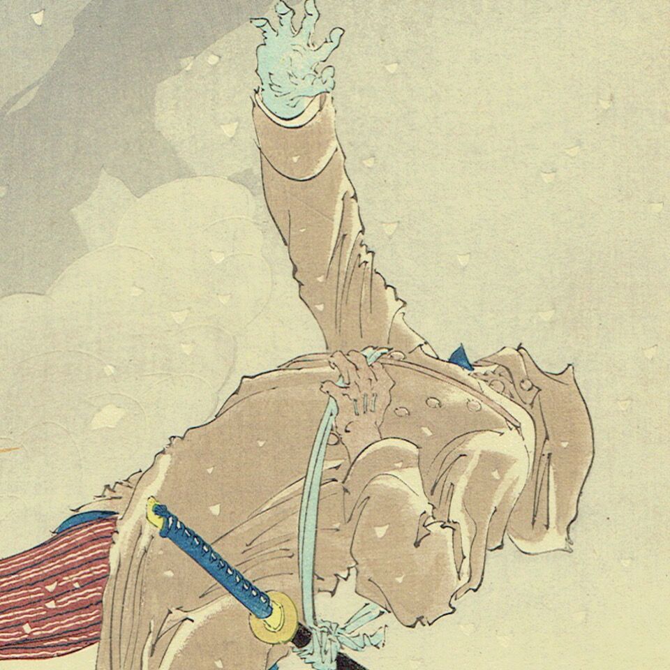 右田年英「百尺崖所の激戦 大寺少将敵の巨弾に中り傷を被る図」明治27