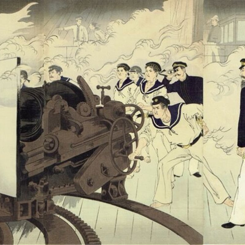 水野年方「海洋島付近帝国軍艦発砲之図」明治27年(1894 水野年方「海洋島付近帝国軍艦発砲之図」明治27年(1894