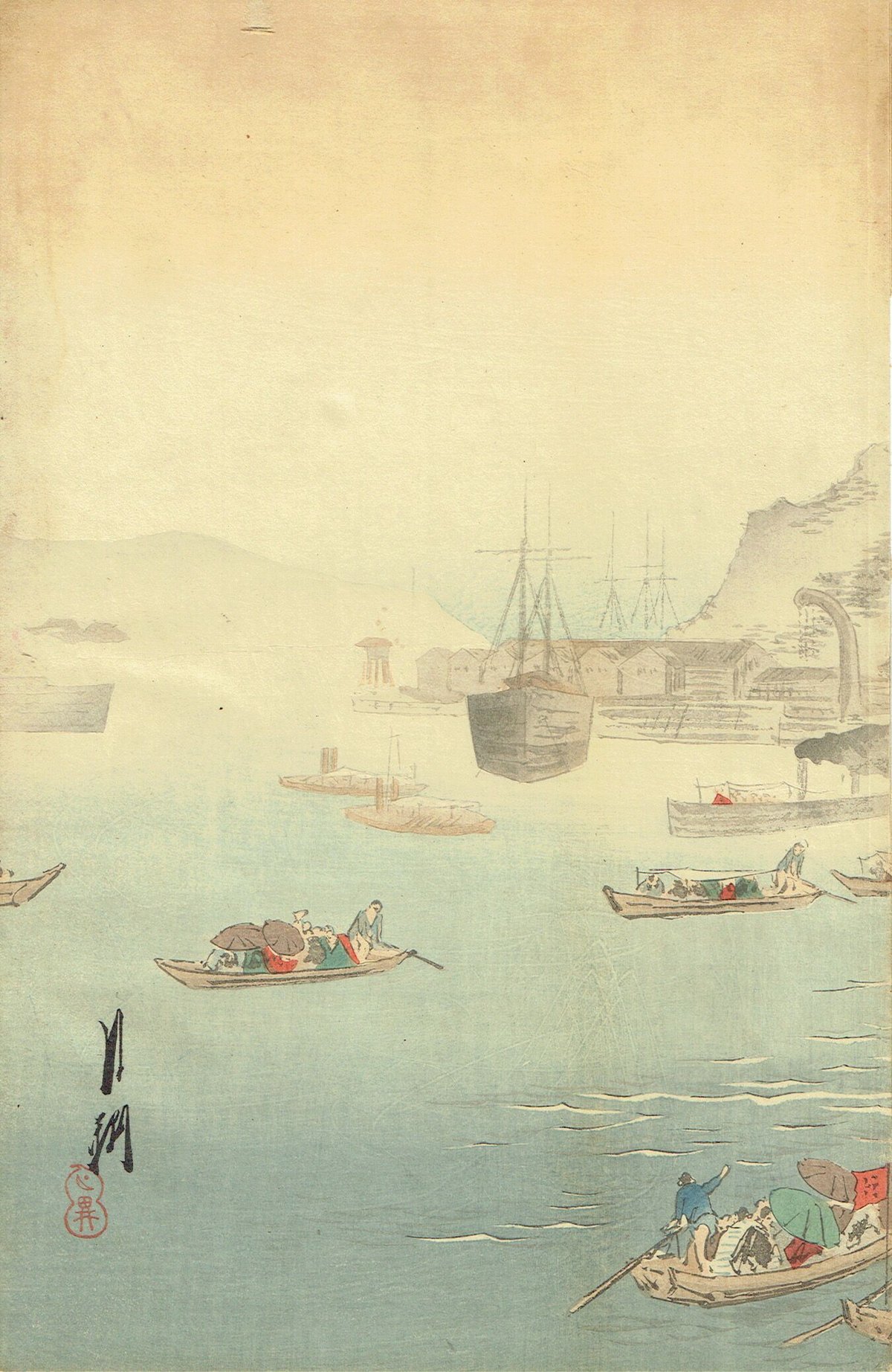 尾形月耕「横須賀軍港鎮遠号観覧之図」明治28年（1895）【浮世絵