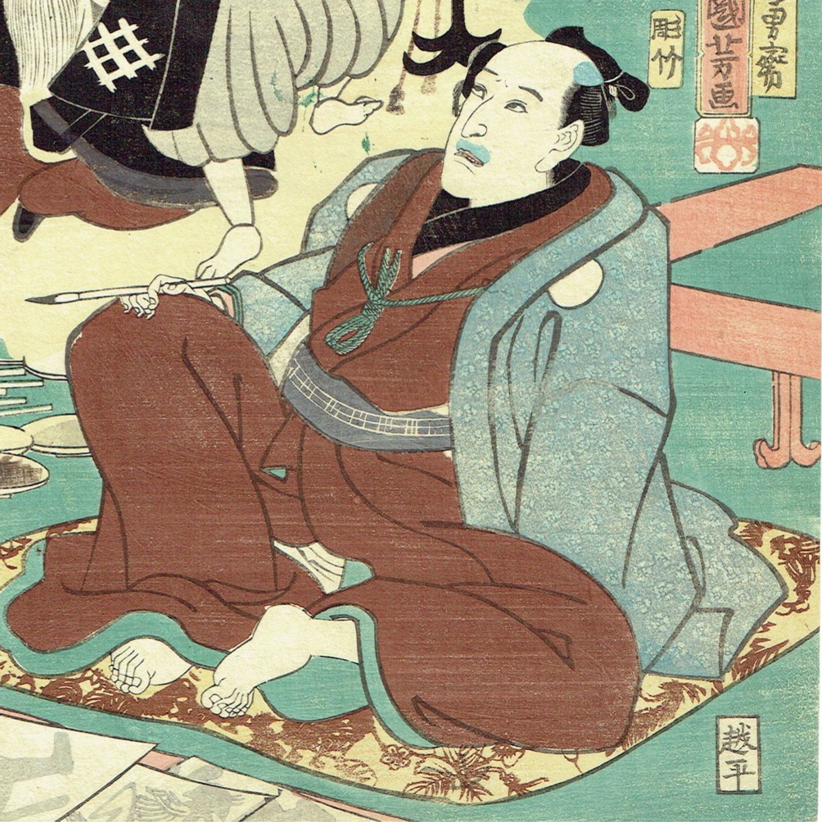 浮世絵、役者絵二枚綴り国芳画、嘉永4年作品 浮世絵、役者絵三枚綴り、繋がってます。(ジャンク品扱状態悪い