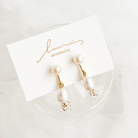 【gold】淡水パールと布花フープの2wayイヤリング/ピアス