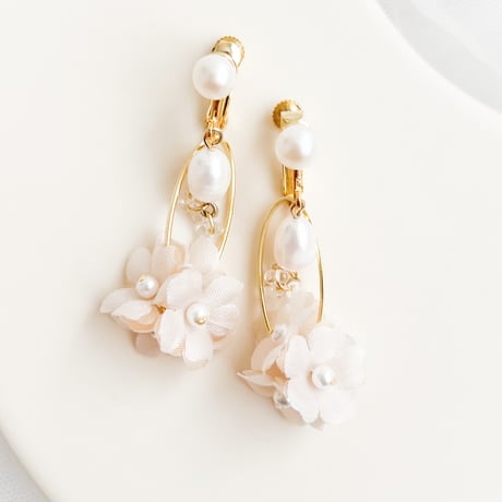 【gold】淡水パールと布花フープの2wayイヤリング/ピアス