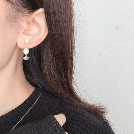 【gold】淡水パールと布花フープの2wayイヤリング/ピアス