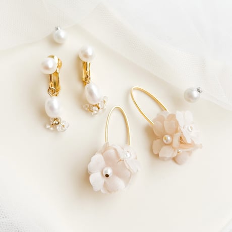 【gold】淡水パールと布花フープの2wayイヤリング/ピアス