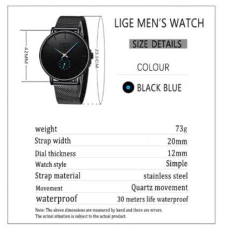 LIGE メンズ腕時計 薄い スポーツ クォーツ 防水 ステンレスメッシュベルト 海外トップブランド 高級 3色展開